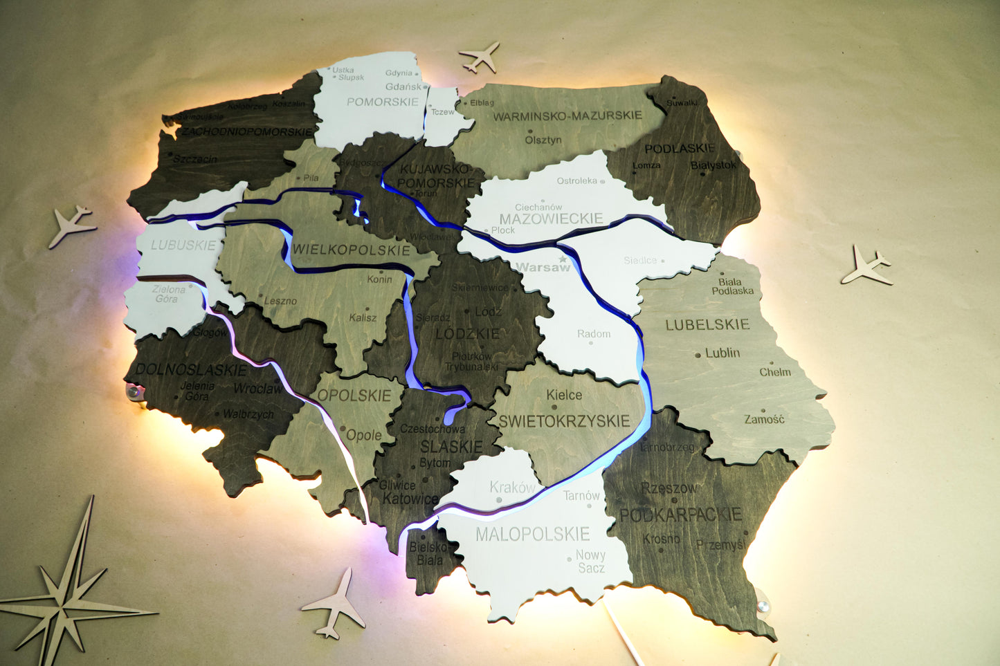 Wooden Multilayer Map of Poland with Illuminated Rivers, color Black&White