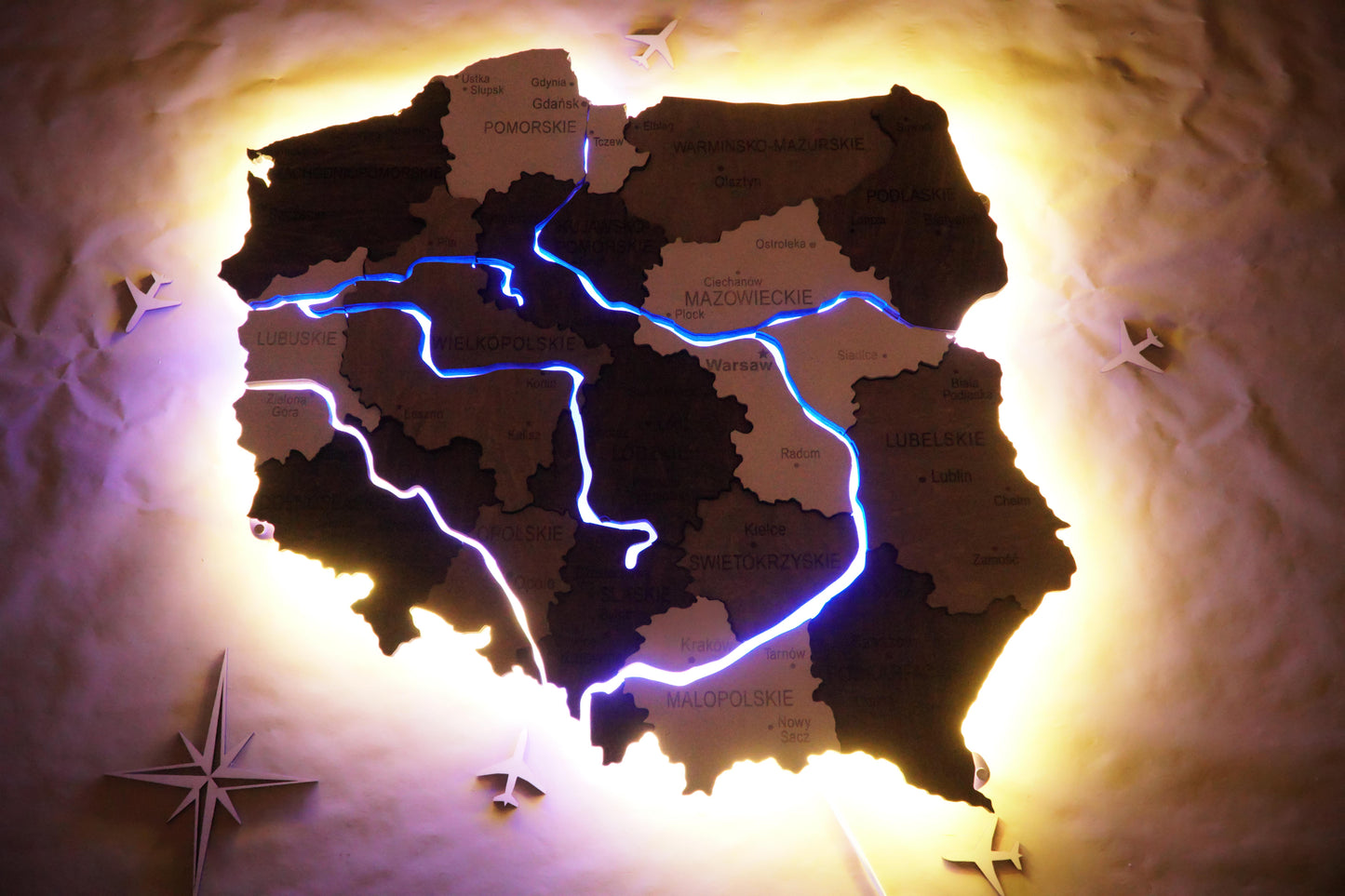 Wooden Multilayer Map of Poland with Illuminated Rivers, color Black&White