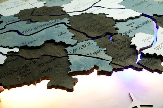 Wooden Multilayer Map of Poland with Illuminated Rivers, color Loft