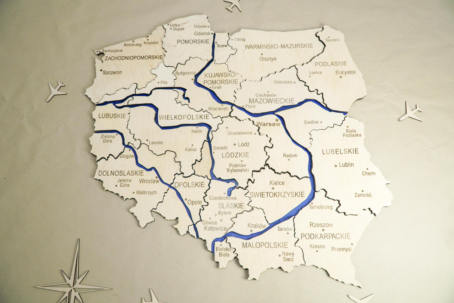 Wooden Multilayer Map of Poland with Illuminated Rivers, color Natural