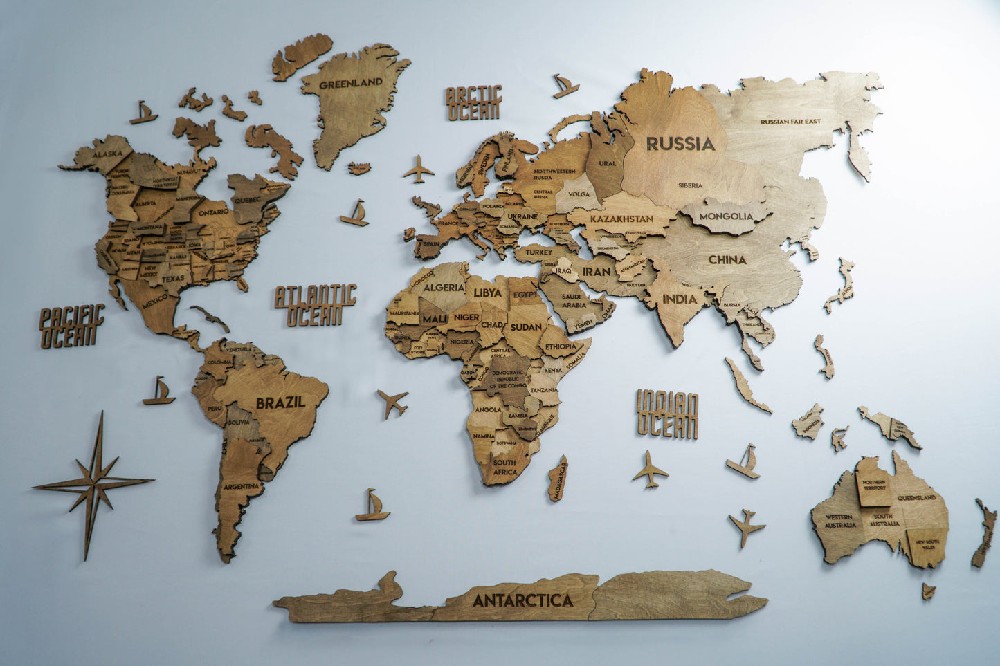 3D Multilayer wooden world map color Nut