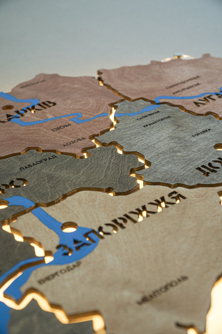 Ukraine LED map on acrylic glass with rivers and backlighting  between regions color Warm