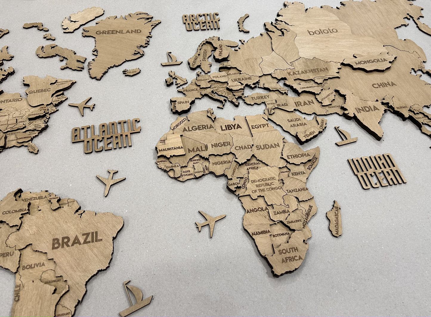 3D Multilayer world map color Oak