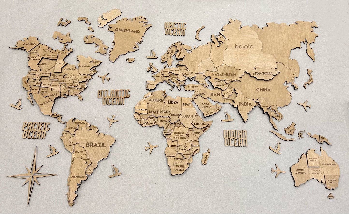 3D Multilayer world map color Oak