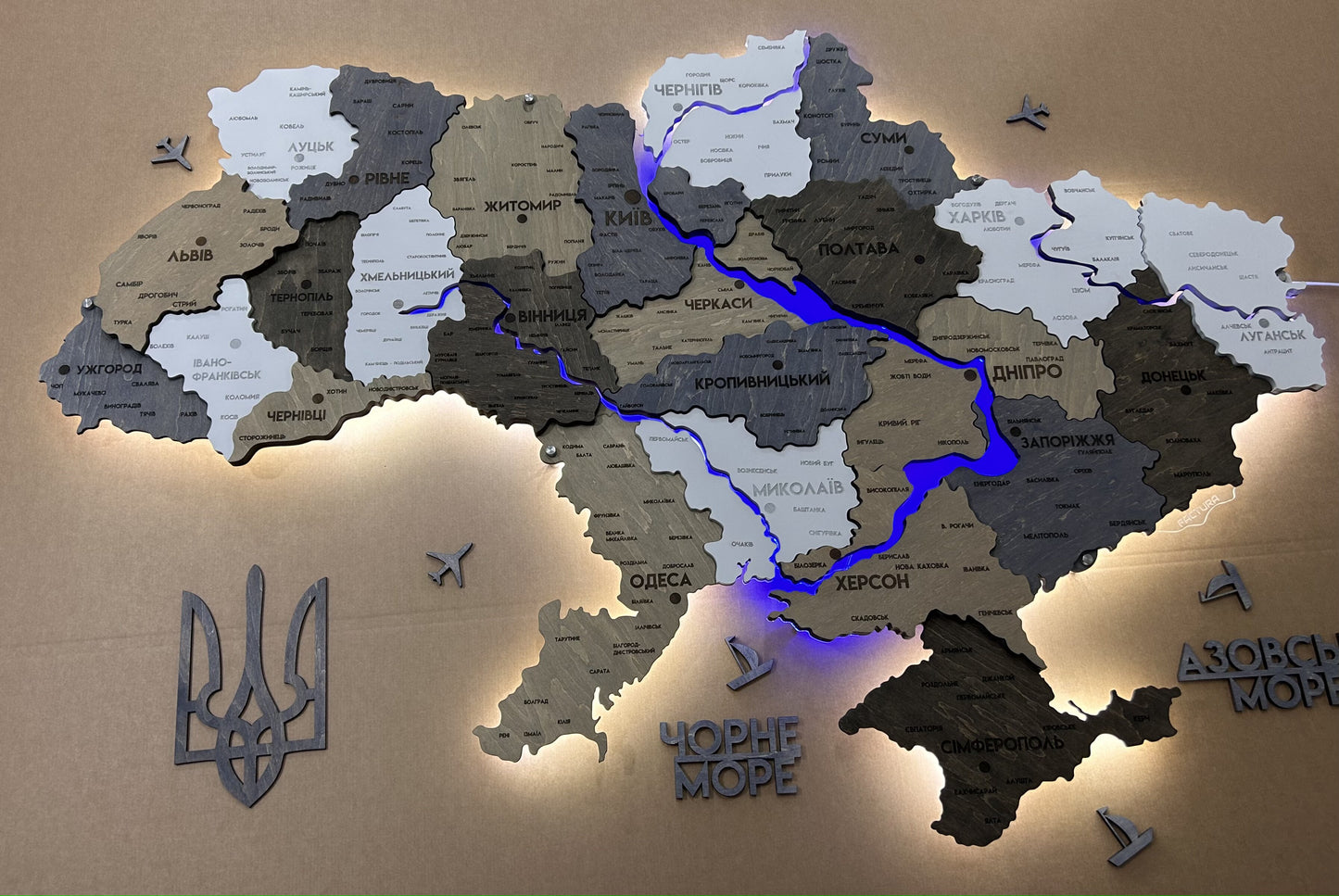 Multilayer Ukraine LED map with backlighting of rivers color Loft 2 detailed