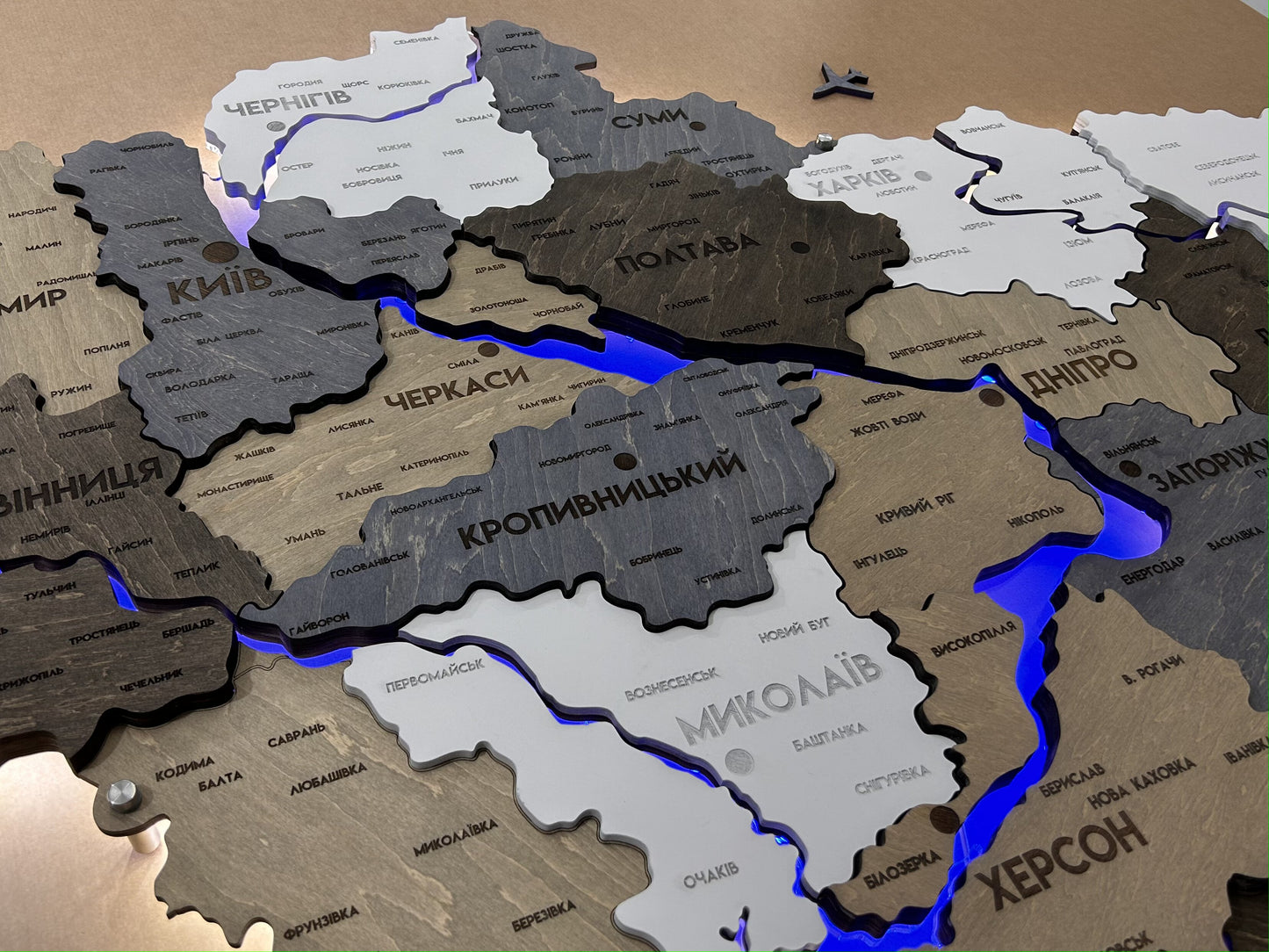 Multilayer Ukraine LED map with backlighting of rivers color Loft 2 detailed