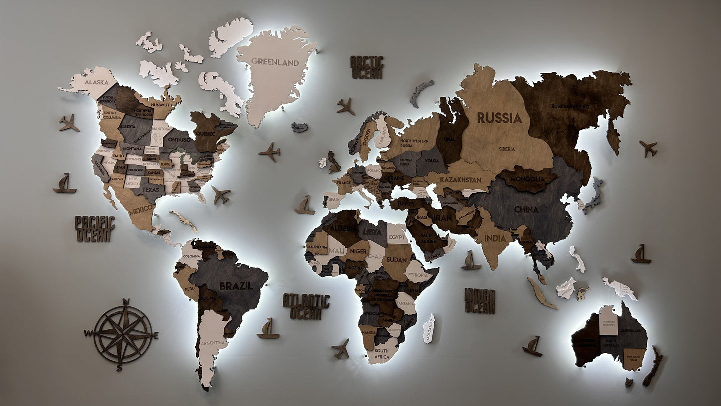 LED 3D Multilayer wooden world map color Loft 2