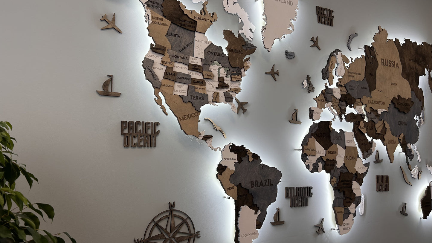 LED 3D Multilayer wooden world map color Loft 2