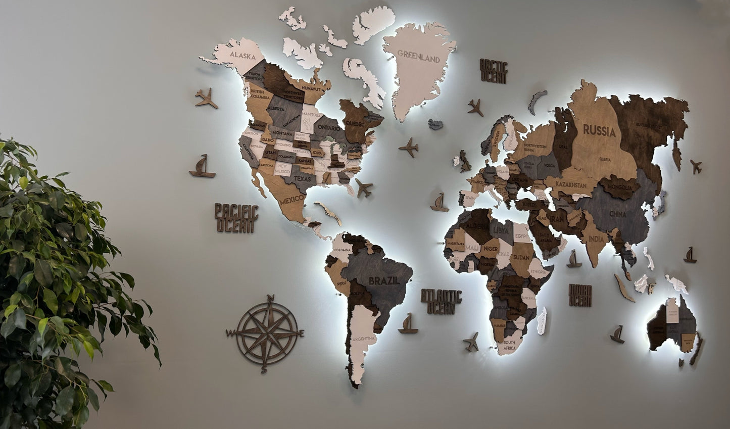 LED 3D Multilayer wooden world map color Loft 2