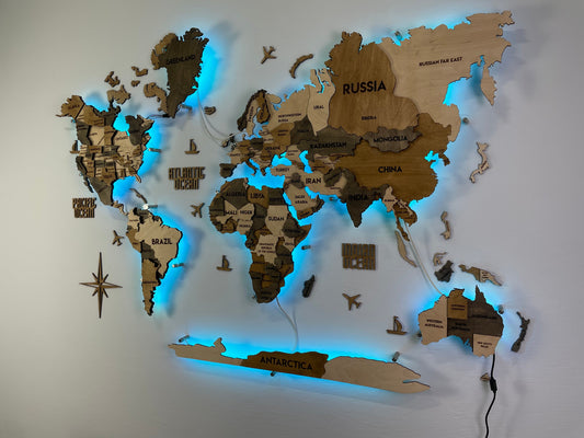 LED 3D Wooden Multilayer world map color Wander