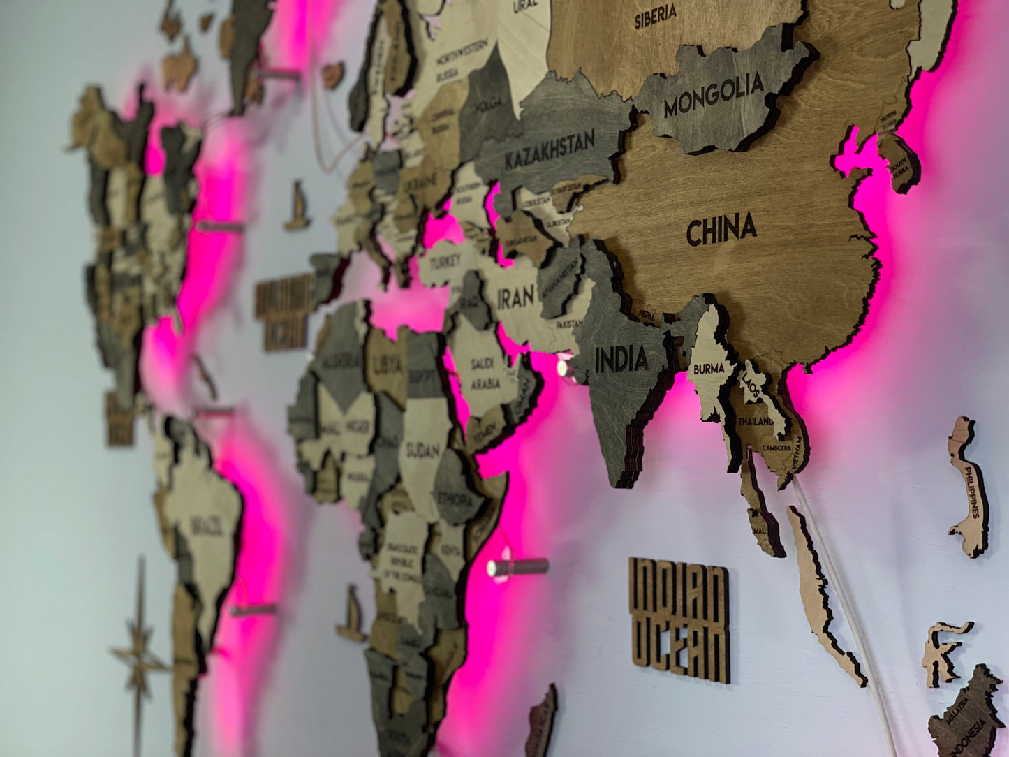 LED 3D Wooden Multilayer world map color Wander