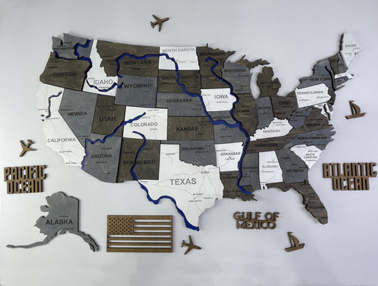 The USA 3D map with rivers and roads color Loft