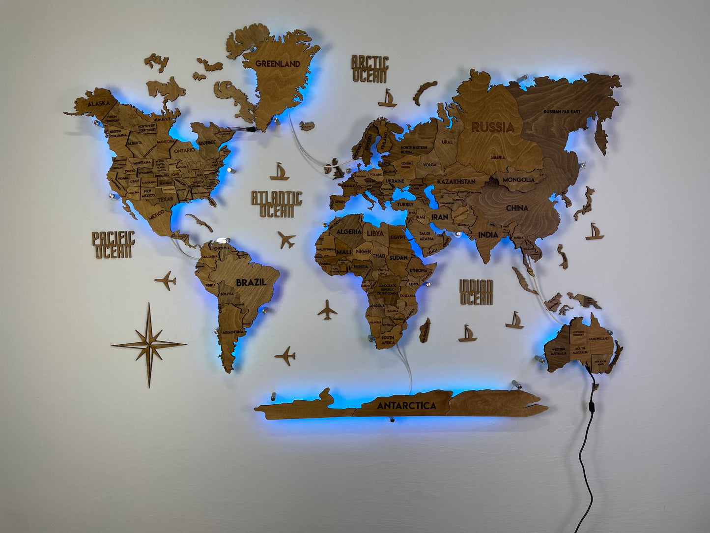 LED 3D Wooden Multilayer world map color Brown