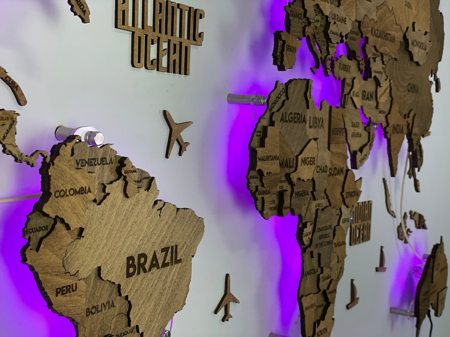 LED 3D Wooden Multilayer world map color Brown