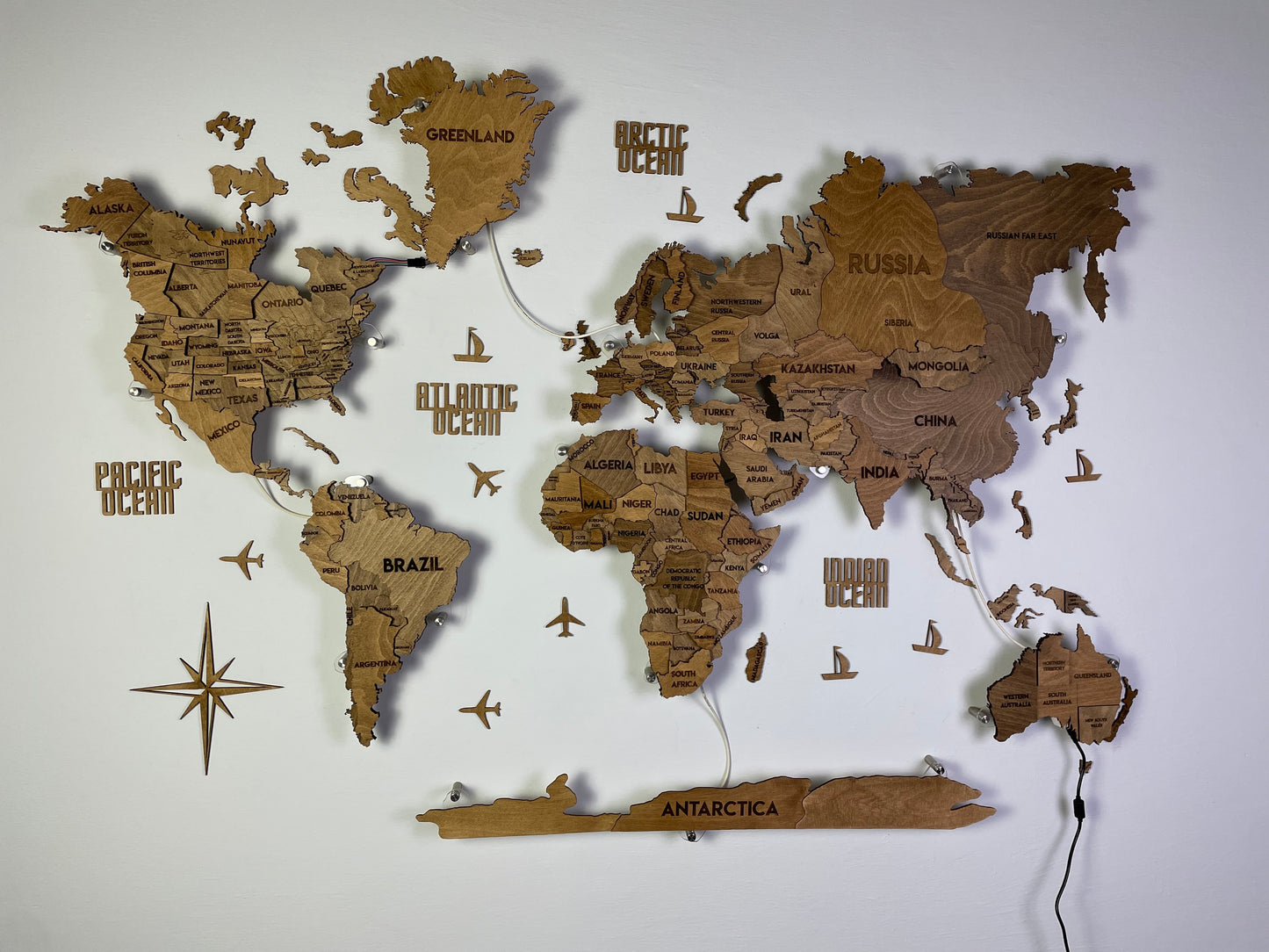 LED 3D Wooden Multilayer world map color Brown