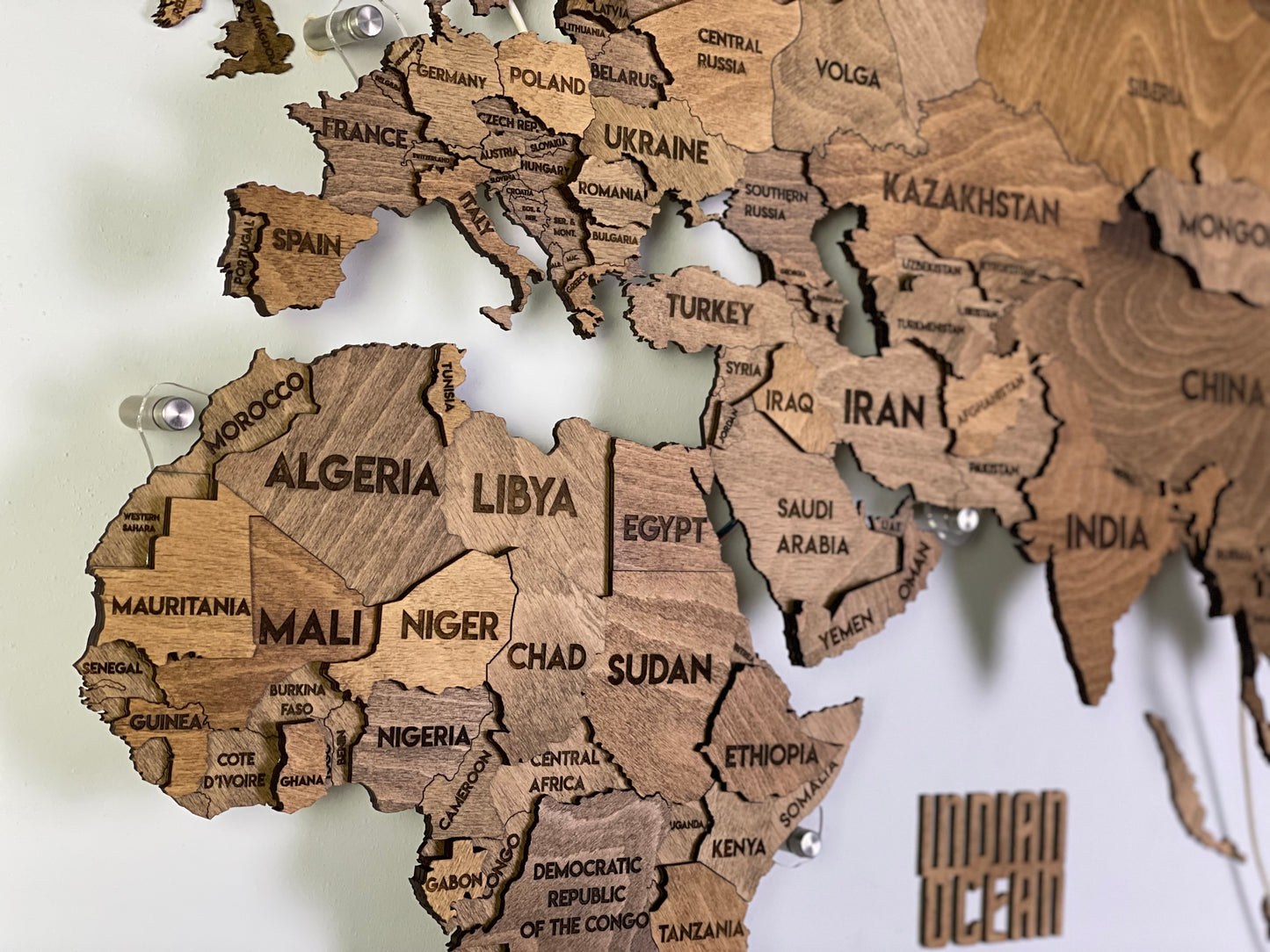 LED 3D Wooden Multilayer world map color Brown