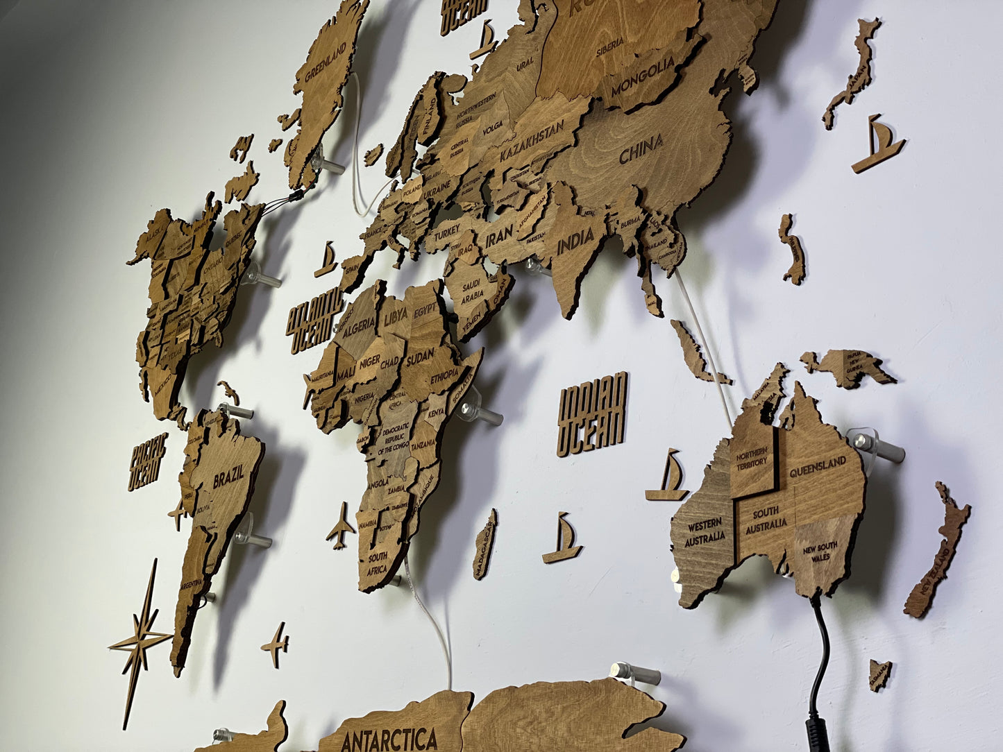 LED 3D Wooden Multilayer world map color Brown