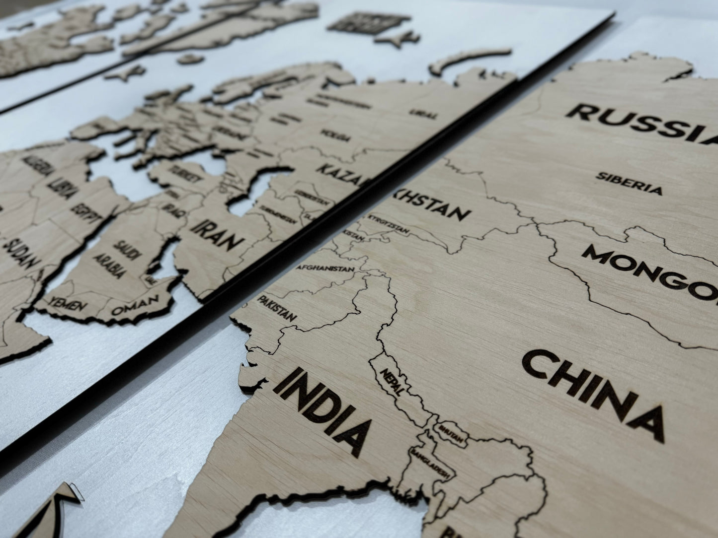 Wooden World Map Panel 3 for Wall with LED Lighting