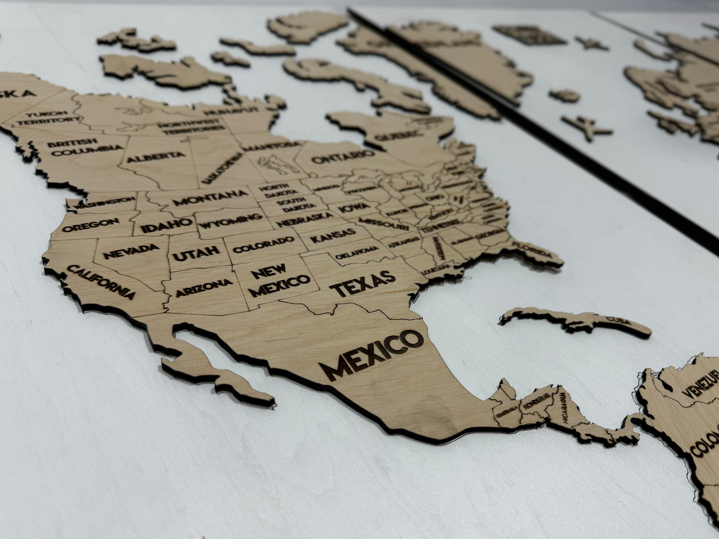 Wooden World Map Panel 3 for Wall with LED Lighting