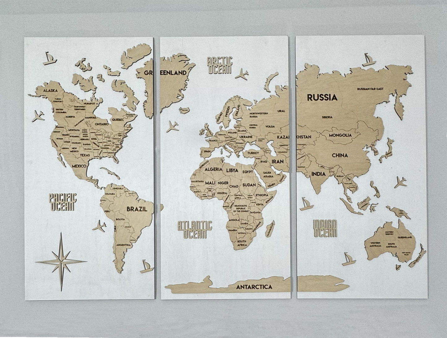 Wooden World Map Panel 3 for Wall with LED Lighting