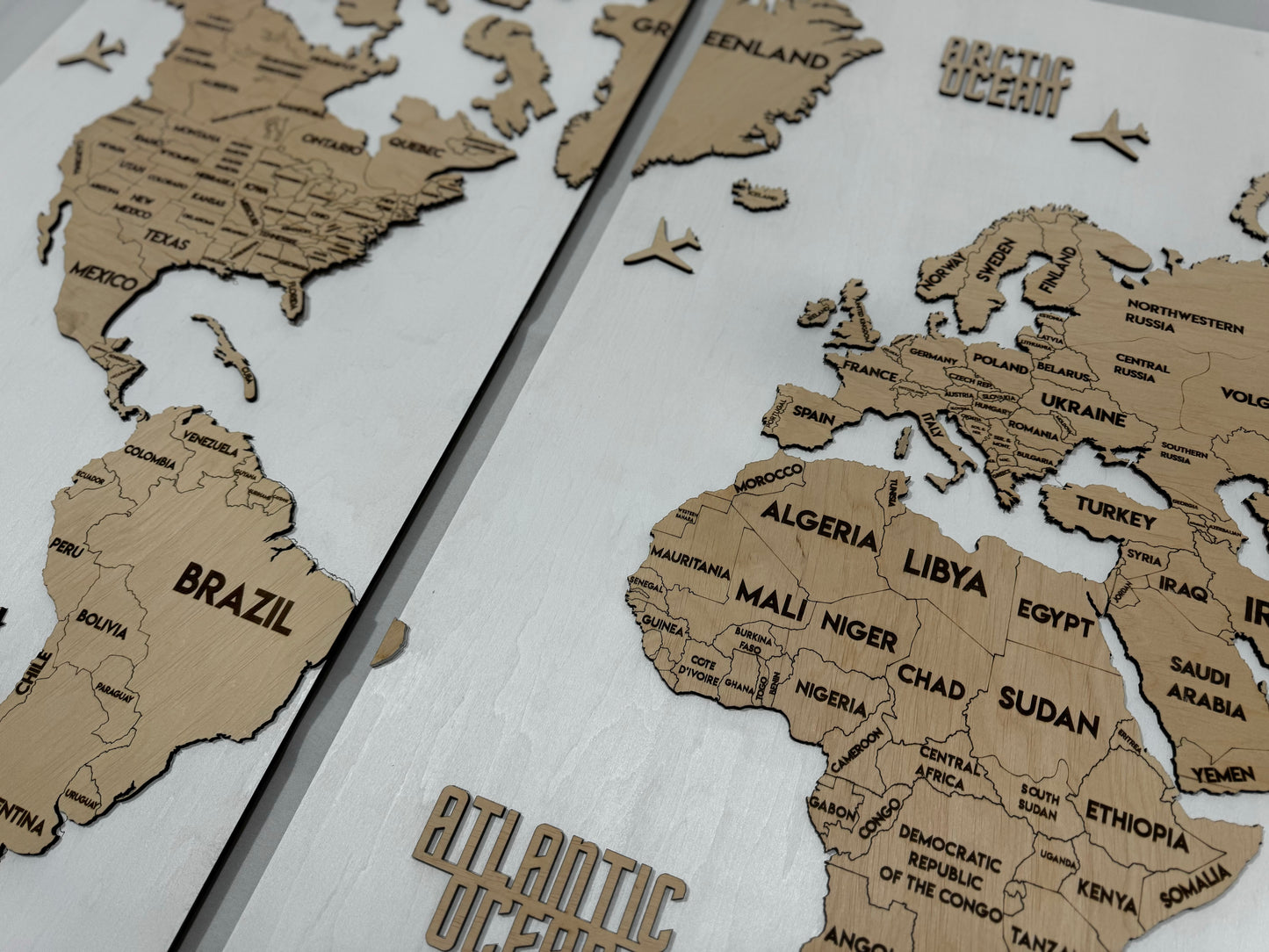 Wooden World Map Panel 3 for Wall with LED Lighting