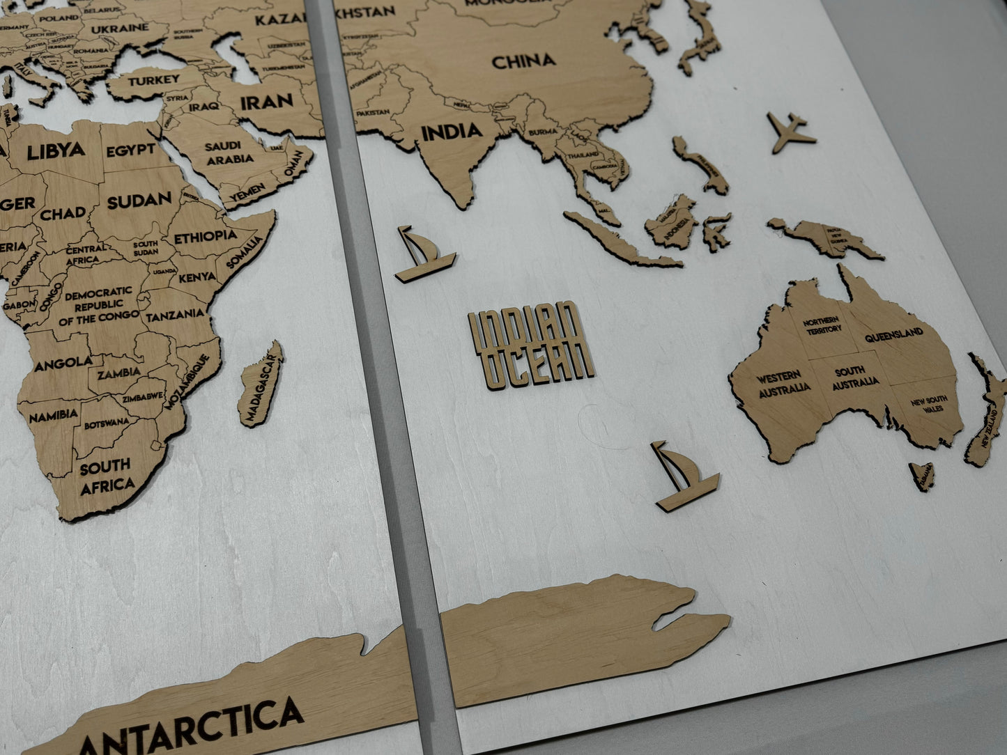 Wooden World Map Panel 3 for Wall with LED Lighting