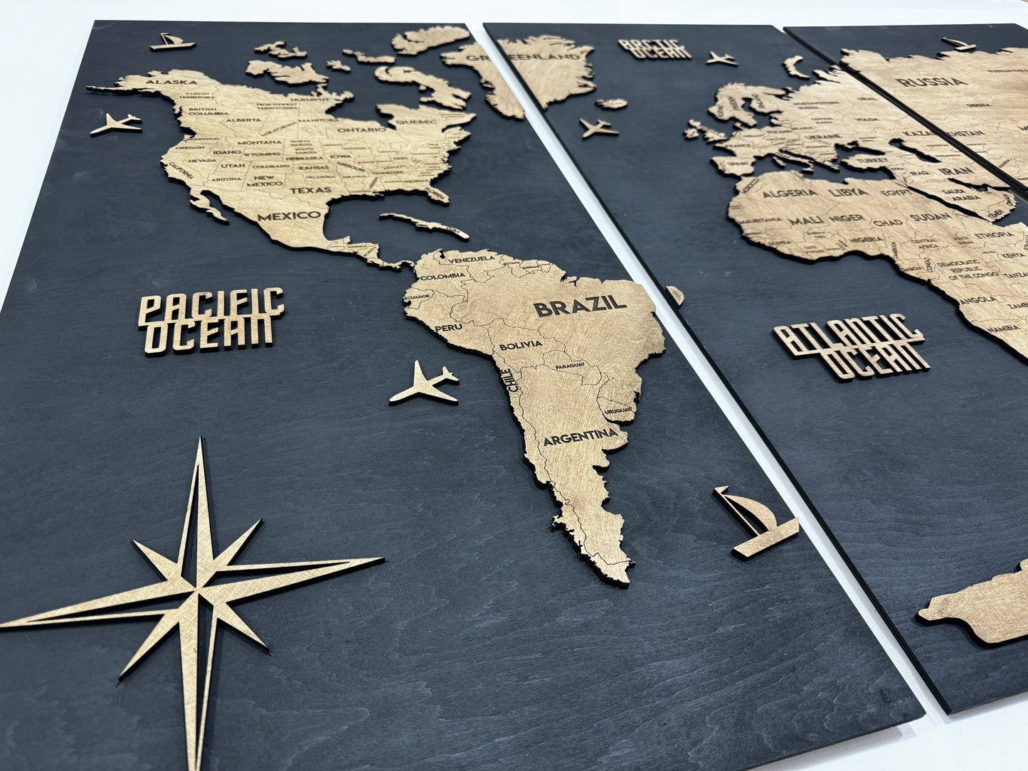 Wooden World Map Panel 6 for Wall with LED Lighting