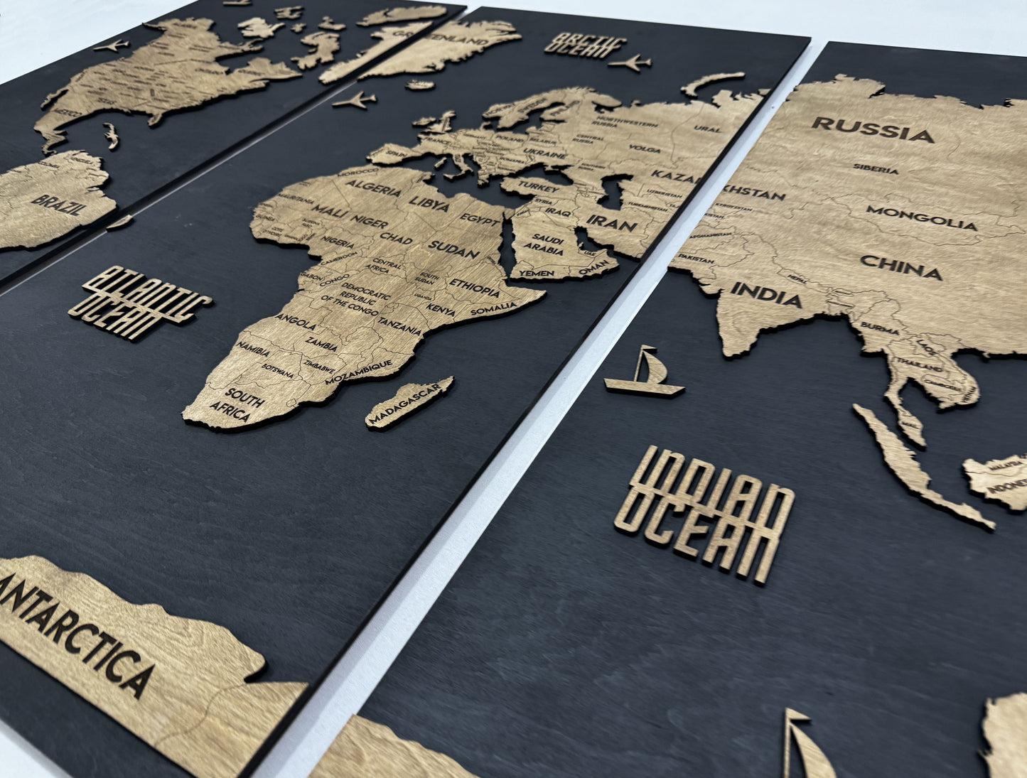 Wooden World Map Panel 6 for Wall with LED Lighting