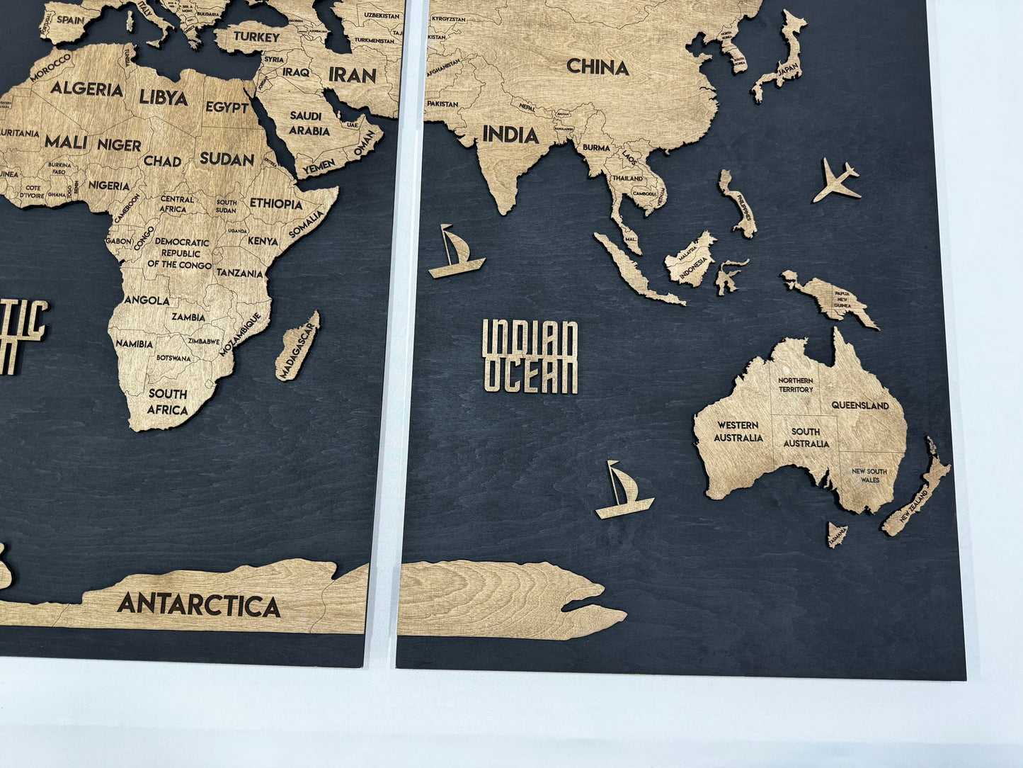 Wooden World Map Panel 6 for Wall with LED Lighting