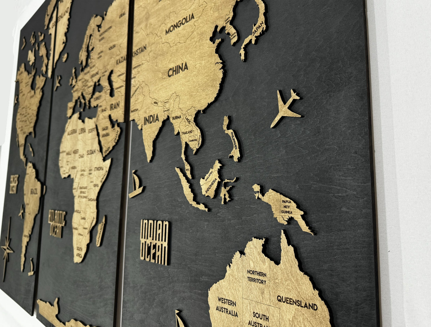 Wooden World Map Panel 6 for Wall with LED Lighting