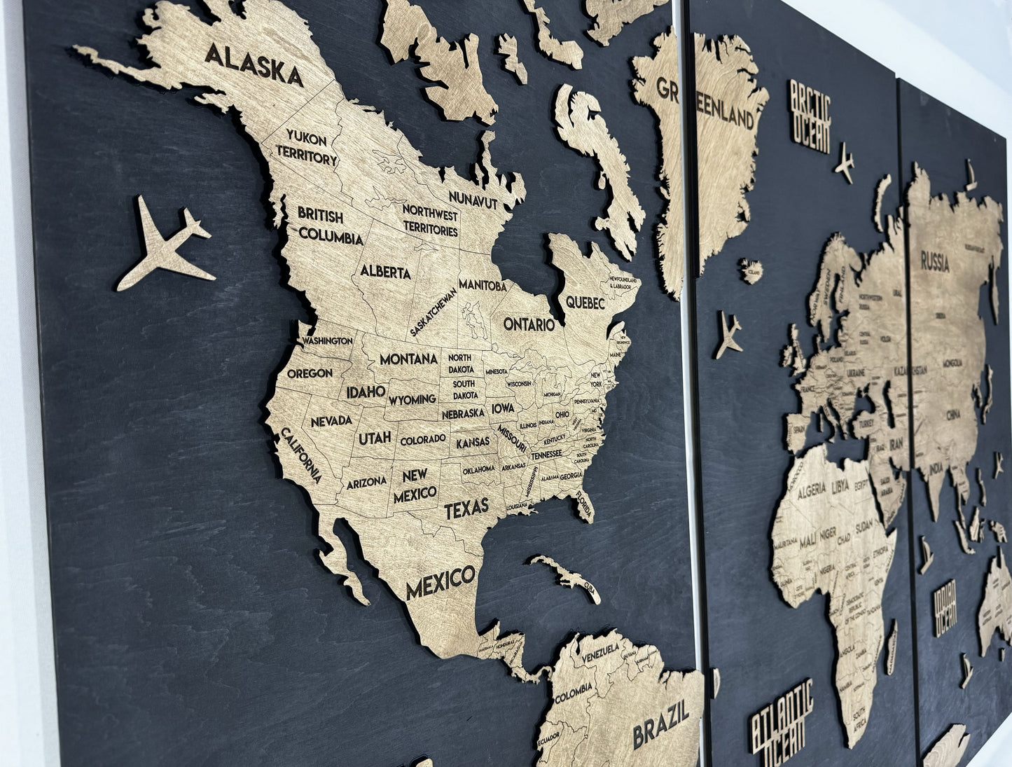 Wooden World Map Panel 6 for Wall with LED Lighting