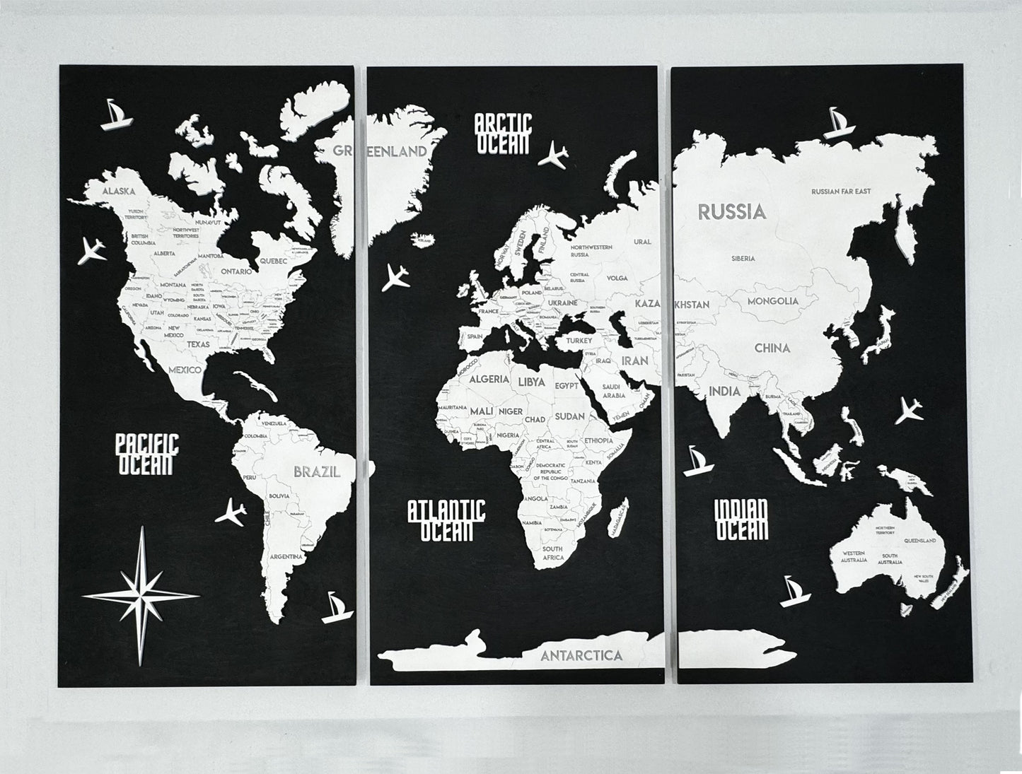 Wooden World Map Panel 5 for Wall with LED Lighting