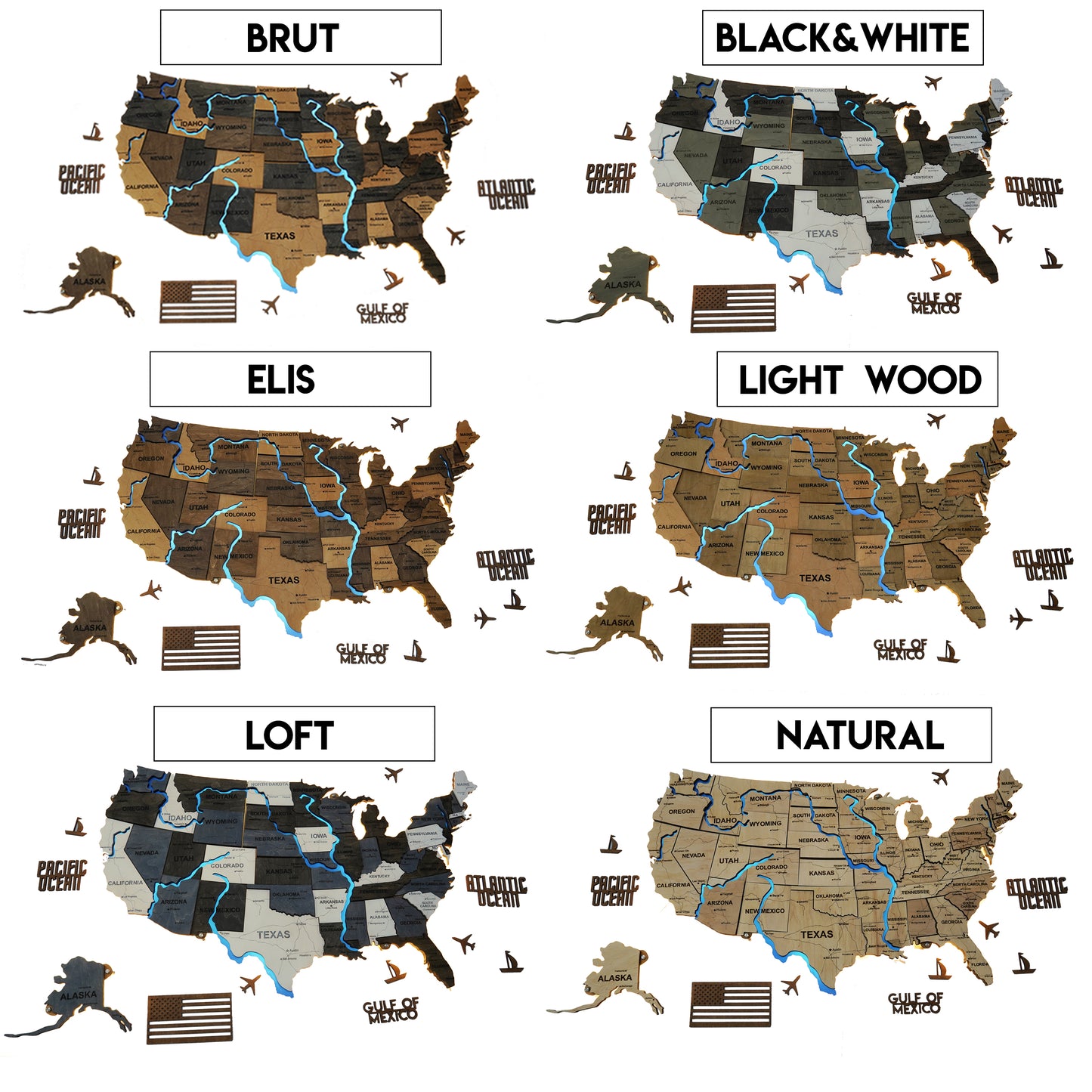 The USA 3D map with rivers and roads color Light Tree