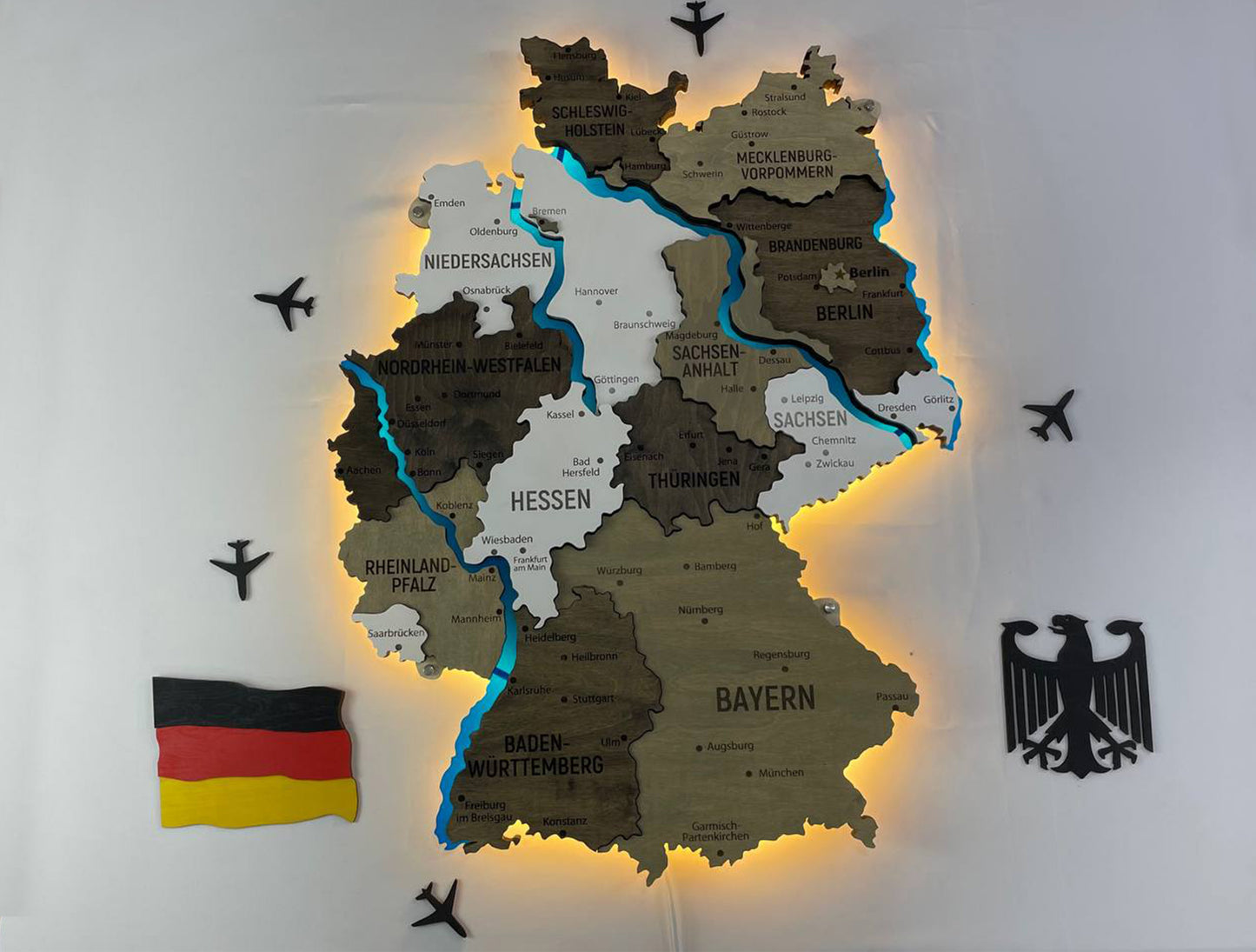 Acrylic Map of Germany with Rivers Black&White Color