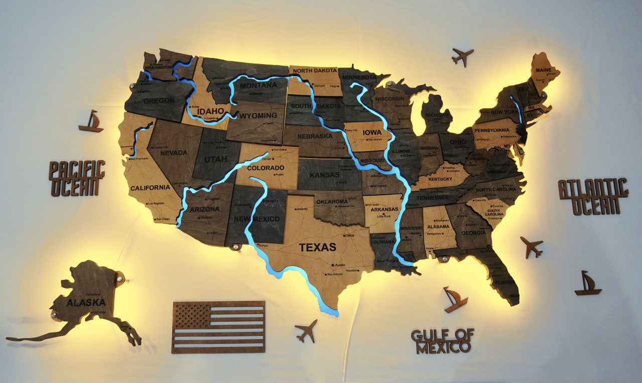 The USA LED map with rivers, color Brut