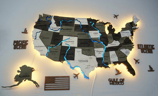The USA LED map on acrylic glass with acrylic rivers, roads and backlighting between states color Black&White