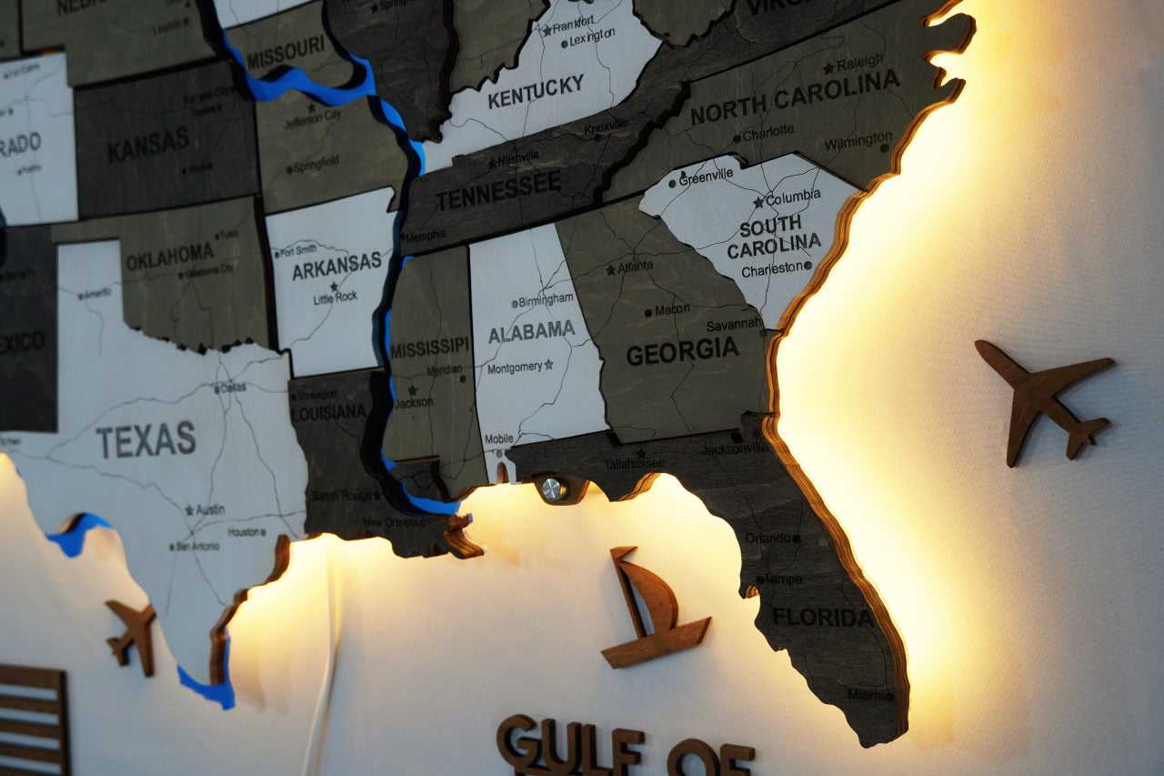 The USA LED map on acrylic glass with acrylic rivers, roads and backlighting between states color Black&White