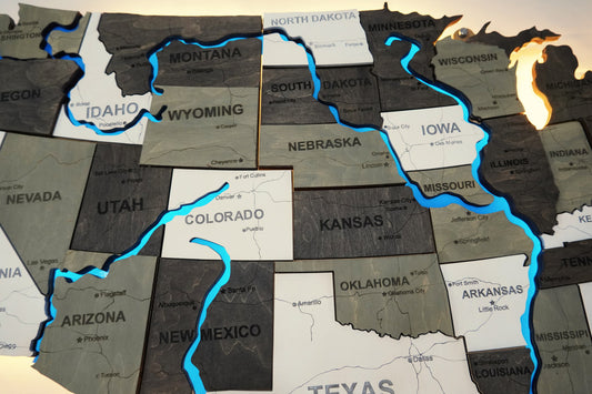 The USA LED map with rivers, color Black&White