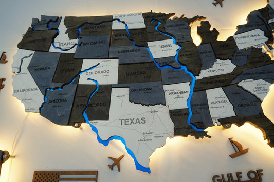 The USA LED map with rivers, color Loft