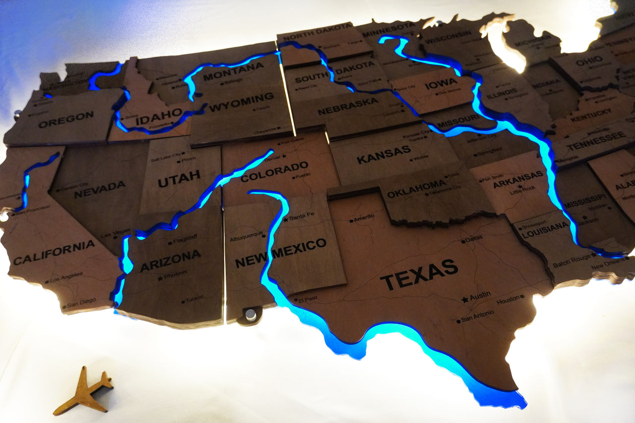 The USA LED map with rivers, color Light Tree