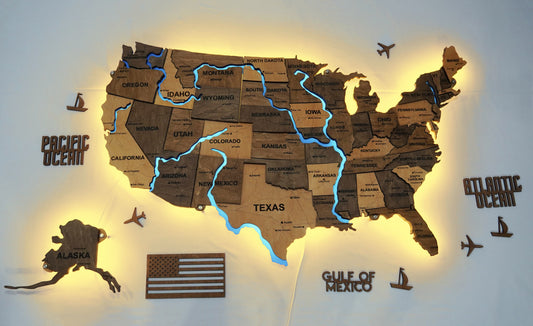 The USA LED map on acrylic glass with acrylic rivers, roads and backlighting between states color Elis