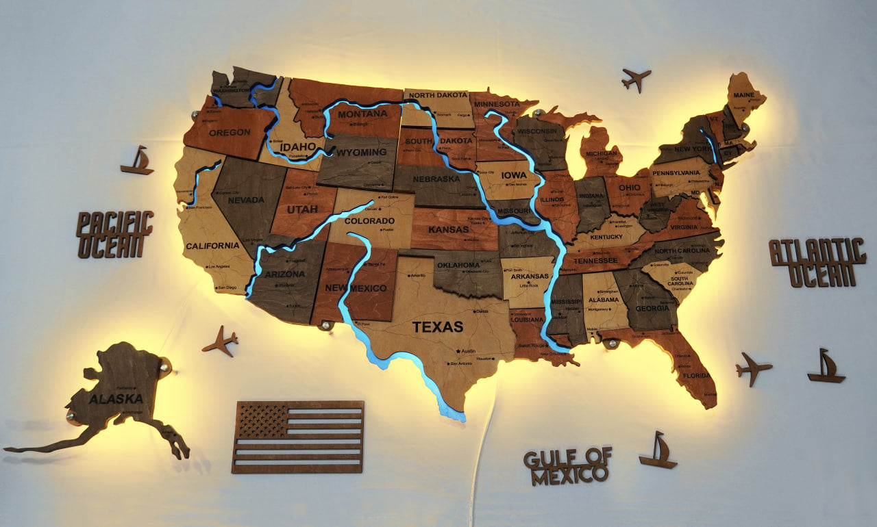 The USA LED map with rivers, color Warm