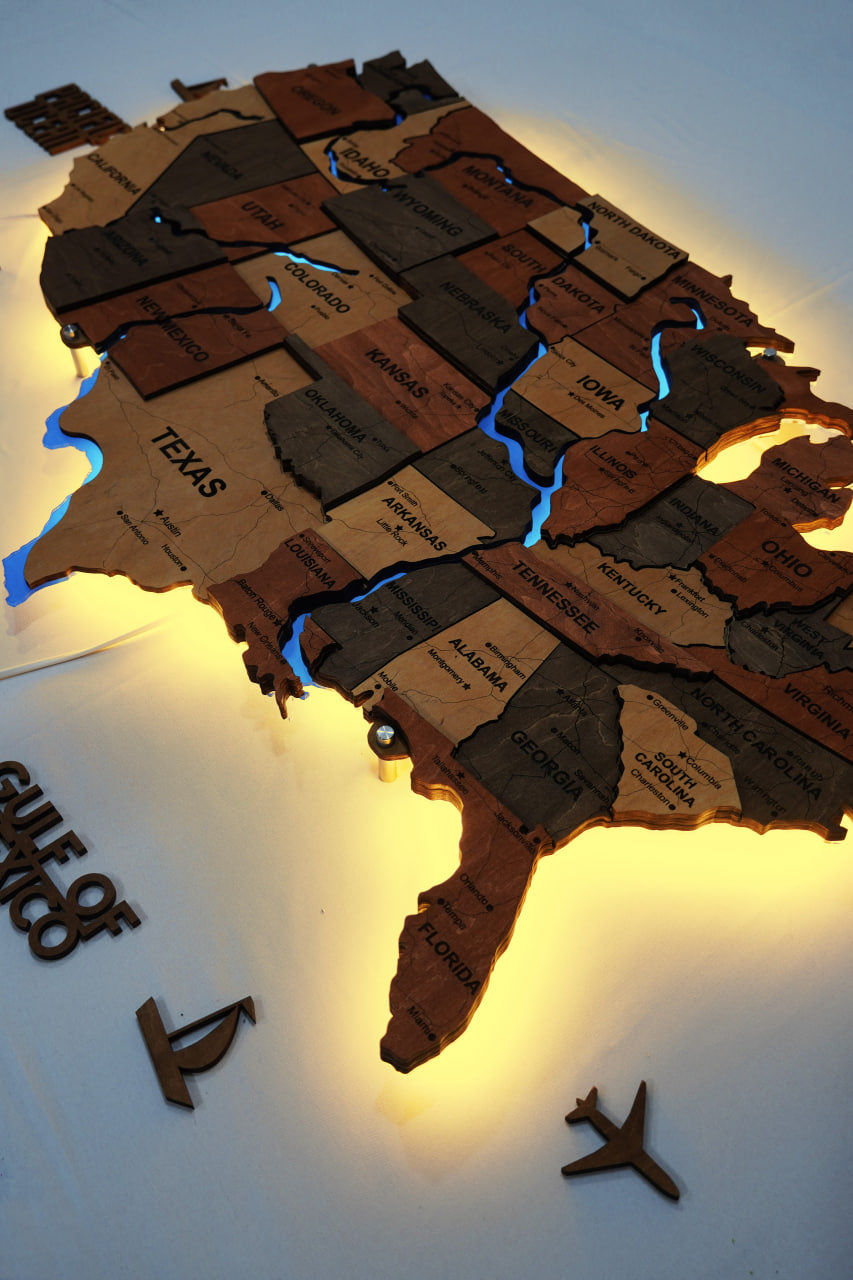 The USA LED map with rivers, color Warm