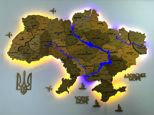 Detailed multilayer Ukraine LED map with backlighting of rivers color Light Tree