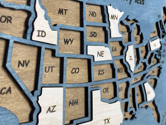 USA Map Travel Map, Wooden United States color Blue