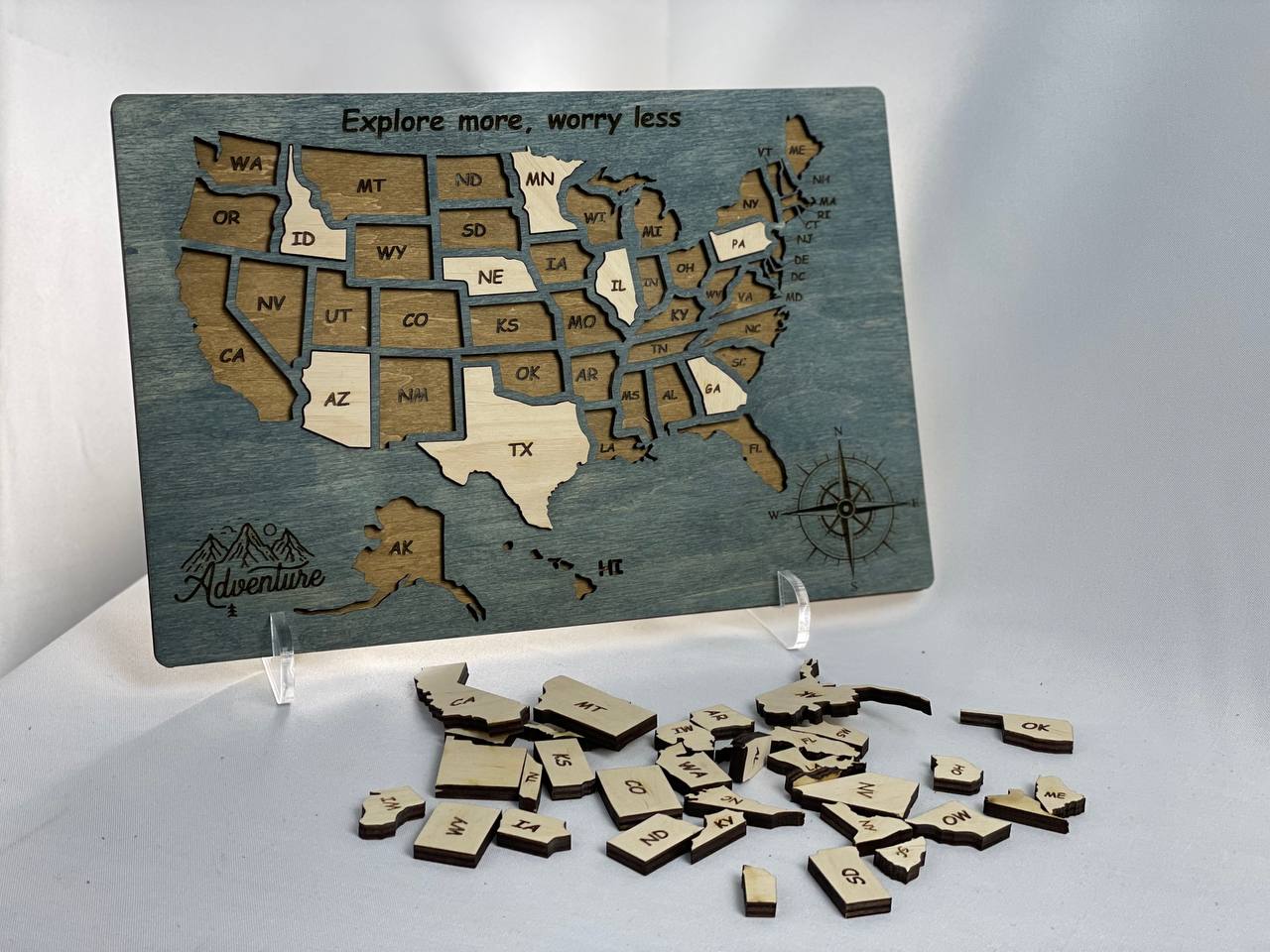 USA Map Travel Map, Wooden United States color Blue