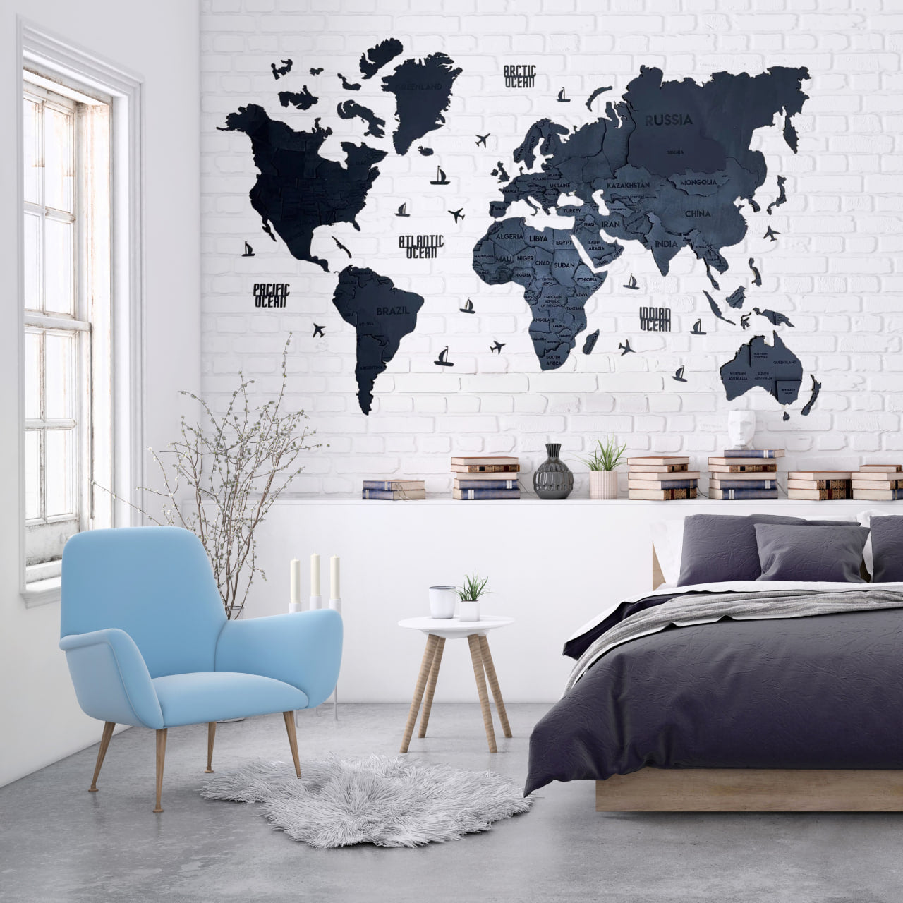 3D Multilayer wooden world map color Nero