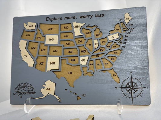 USA Map Travel Map, Wooden United States color Grey