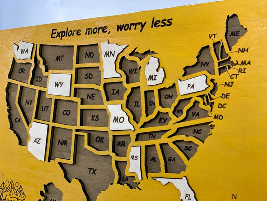 USA Map Travel Map, Wooden United States color Yellow