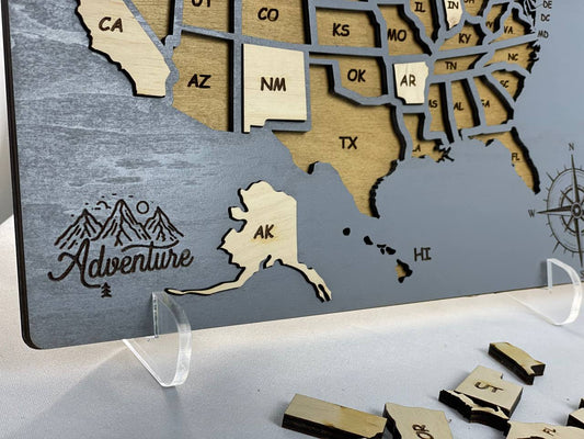 USA Map Travel Map, Wooden United States color Grey